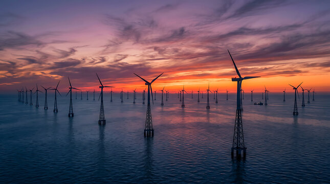 Stunning Offshore Wind Farm Silhouettes Under a Dramatic Sunset Over the Ocean