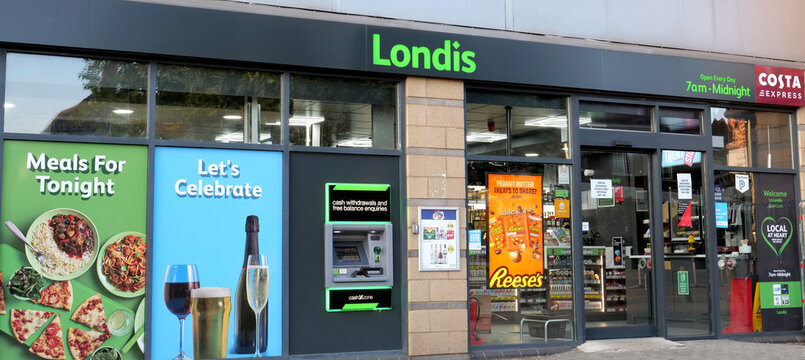 Leicester, England, UK - 19 July 2026: Londis, convenience store, shop facade, local supermarket front with cash machine in the UK
