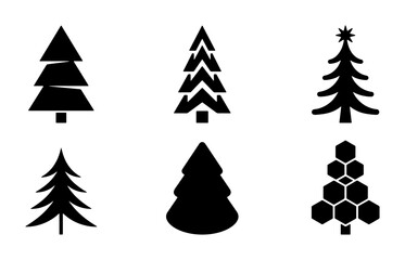 Fototapeta premium Six Black Christmas Tree Icons, Festive Vector Set for Holiday Design, Winter Celebration Graphics