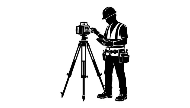 Land surveyor silhouette operating total station with digital tablet on construction site