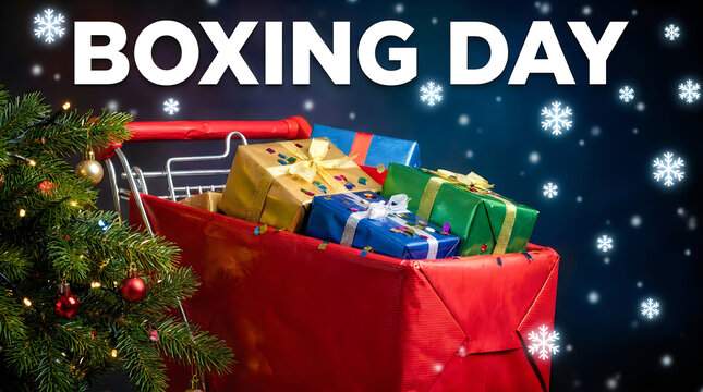 Shopping cart full of Christmas gifts on Boxing Day illustration