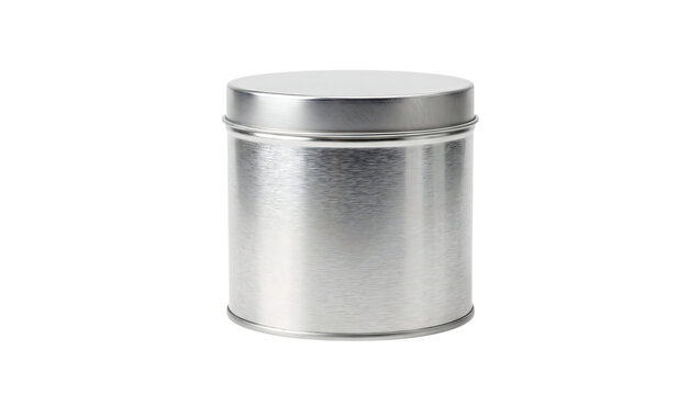 Tall round silver metal tin container mockup isolated on transparent background cutout