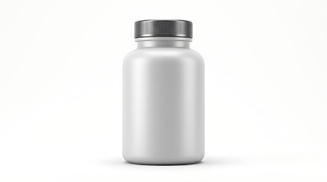 A blank white plastic container with a black screw cap stands vertically against a solid white background.