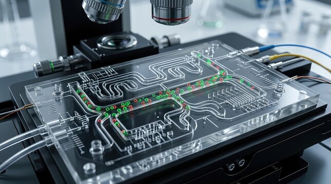 Ultra macro biochip containing microfluidic biological channels transporting living cells, biotechnology innovation, crystal clear scientific background, photorealistic