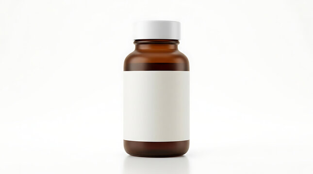 A brown glass medicine or supplement bottle featuring a blank white label and a white cap isolated on a white background.