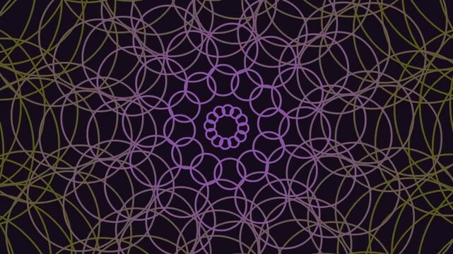 Intricate geometric pattern with overlapping circles in purple and gold hues