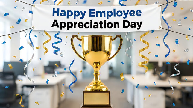 Happy Employee Appreciation Day banner with gold trophy illustration