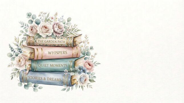 Stack of antique books with floral decoration and copy space