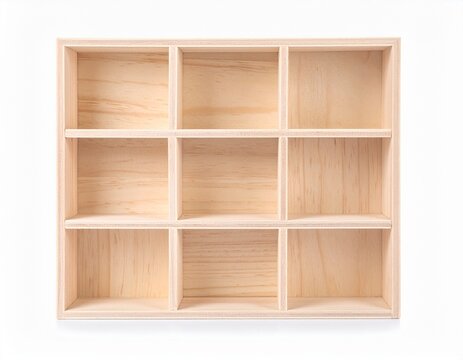 Light wood cube shelving unit with nine compartments, isolated on white
