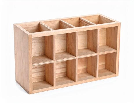 Light wood cube shelving unit with nine compartments, isolated on white background
