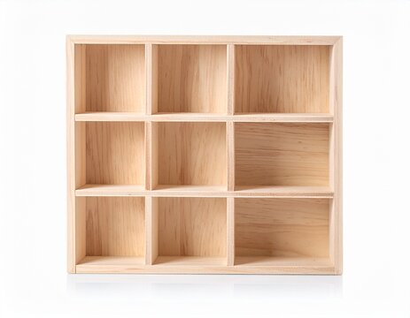 Light wood cube shelving unit with nine compartments, isolated