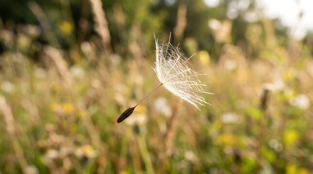 Single dandelion seed floating over a sunlit summer meadow
