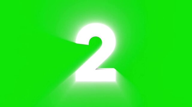 Three dimensional countdown timer with glowing white numbers on a green screen background