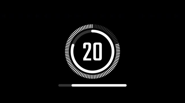 Minimal countdown timer animation from 25 to 0 seconds. Round circle with underline 25 seconds countdown, Modern flat design with animation on black background. High quality 4K video.