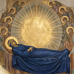 Obraz premium Dormition of the Mother of God icon depicting a woman lying in rest surrounded by angels and a radiant sun. Orthodox religious painting representing Mary in sleep at her death event.