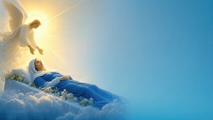 Obraz premium Virgin Mary lying on bed in Dormition with angel appearing above her. Artistic representation of holy assumption of Saint Mary into heaven. Religious Christian spiritual scene.