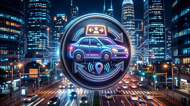 Digital car sharing icon over illuminated city street at night