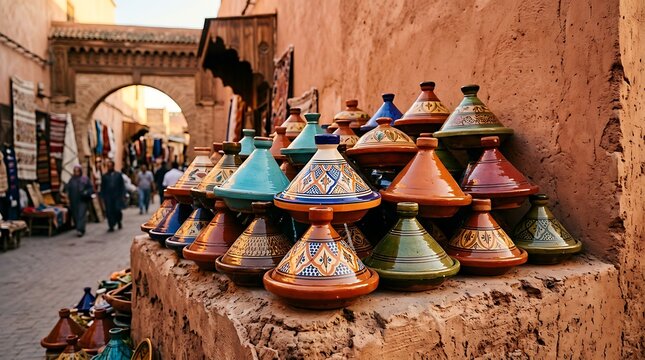 Traditional moroccan tajine pots displayed in a vibrant market street