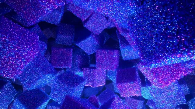 Neon illuminated foam cube cluster with shimmering highlights, glitter-like surface particles, deep shadow crevices, and vivid blue magenta contrast, with foam, cube, cluster, abstract detail