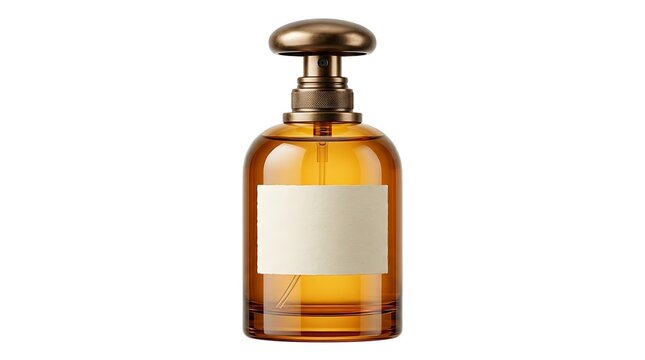 A luxury amber glass perfume bottle with a brass pump and a blank label for branding isolated on white background