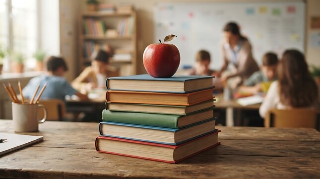 Stack of books with apple on top in classroom setting