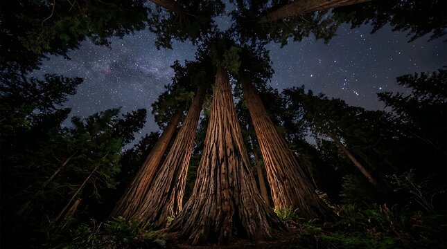 Towering sequoia trees under a brilliant starry night sky
