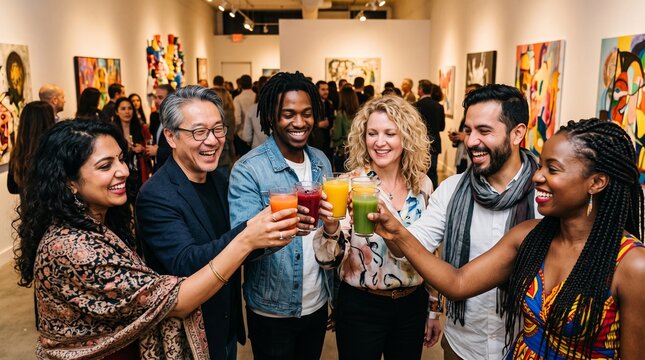 Diverse group of friends celebrating with colorful drinks at an art gallery opening event