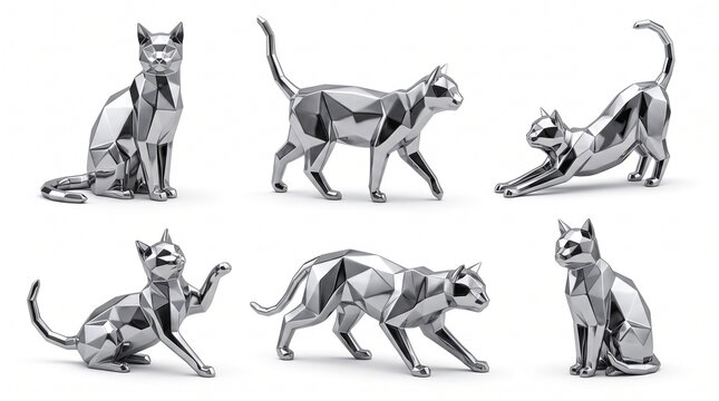 Set of six modern low poly geometric chrome silver cat statues in various poses isolated on a clean white background