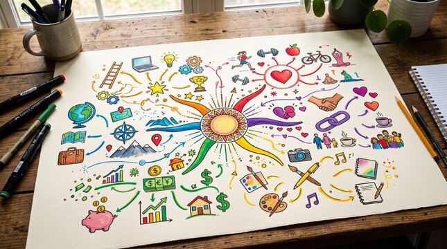 Colorful mind map illustration of life goals and aspirations on a wooden table