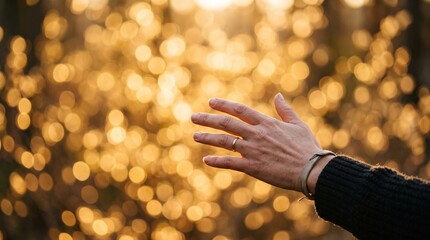 Obraz premium Close up of a hand with a wedding ring reaching out towards a warm golden bokeh background during sunset