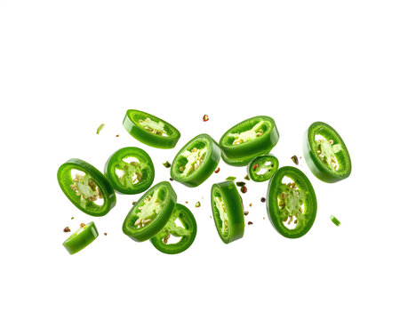 Jalape&ntilde;o Pepper Slices Scattered on a White Background with Visible Seeds and Fresh Green Texture Featuring Jalapeo, Chili, Spicy