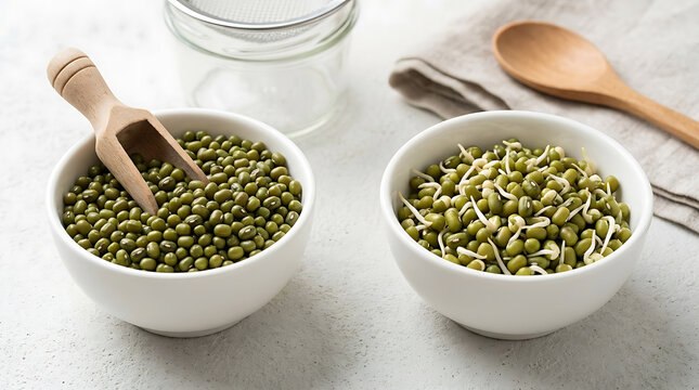 Dry mung beans and sprouted mung beans in two bowls on a light textured