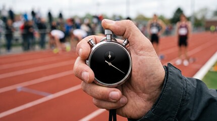Obraz premium Close up of a hand holding a stopwatch on a running track with athletes in the background