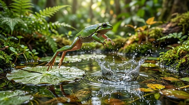Green frog jumping over water in a lush tropical forest