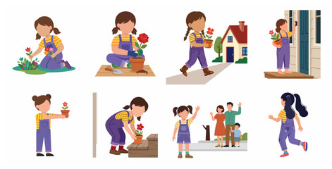 Fototapeta premium Set of Flat Vector Illustrations of a Little Girl Gardening and Planting Flowers
