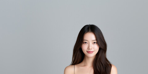 Fototapeta premium korean woman with long chestnut wavy hair, serene korean woman beauty portrait with curtain bangs and subtle smile, elegant korean female headshot