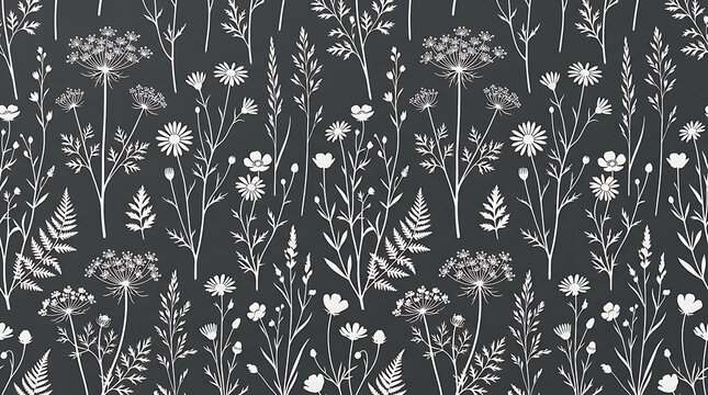 Seamless floral pattern with white wildflowers on dark background