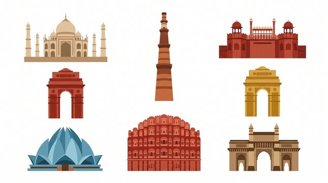 A vector collection of famous historical Indian monuments and landmarks, featuring detailed architectural illustrations in a flat design style