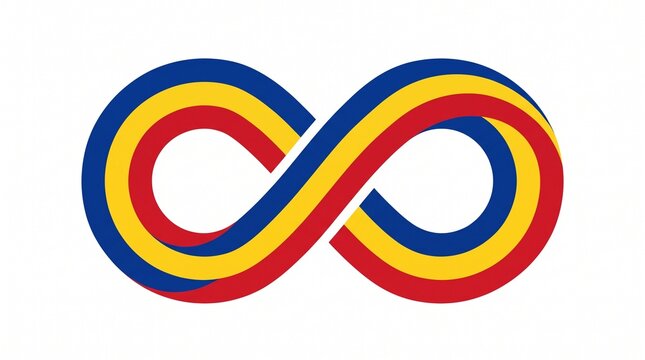 Infinity symbol design featuring vibrant tri-color stripes in blue red and yellow flowing in an endless loop representing eternal connectivity