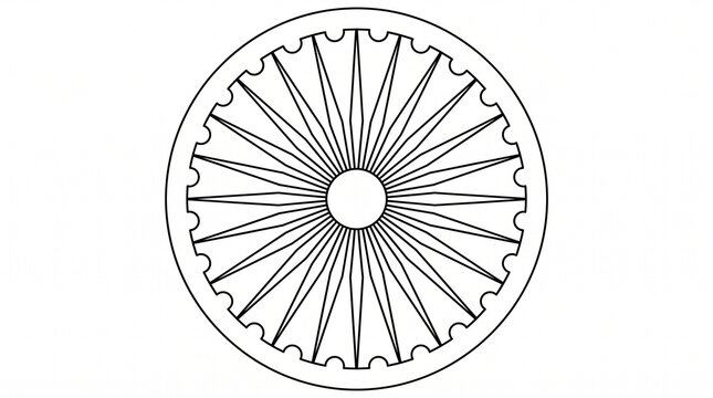 A minimalist black and white circular emblem featuring twenty-four spokes reminiscent of an ancient dharma wheel design for cultural symbolism
