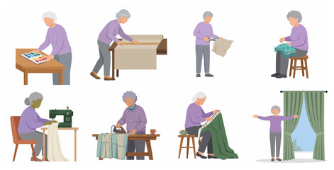 Senior woman sewing and tailoring character set, elderly lady working with fabric and sewing machine vector illustrations.