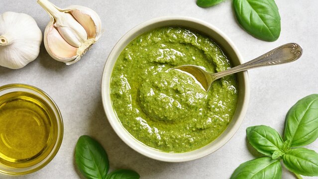 overhead image featuring a bowl of vibrant green pesto sauce placed centrally on a light gray textured surface. The pesto is smooth and creamy, with a shiny, fresh appearance, and a silver spoon rests