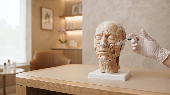 Cosmetic injection training on anatomical model. Doctor practicing facial filler procedure.