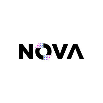 Nova lettering typography, word mark nova with digital data network for internet and technology logo design