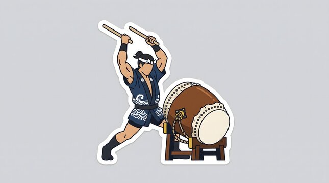 Musician playing traditional japanese taiko drum with sticks wearing festival style yukata illustration.