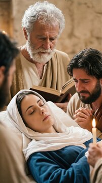 Woman resting on deathbed with group of grieving man surrounding her. Biblical reenactment of the Dormition of the Mother of God. Christian religious scene of mourning and prayer.