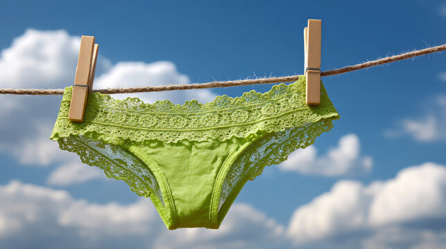 Bright green lace bikini briefs hanging on a clothesline against a clear blue sky with fluffy clouds