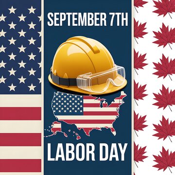 Labor day celebration concept with a yellow construction hard hat and united states map design elements