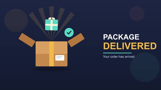 Animated Package Delivery Confirmation with Gift Box Opening on Dark Blue Background