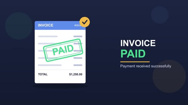 Digital Invoice Payment Confirmation Animation Showing Paid Status with Green Stamp on Dark Background